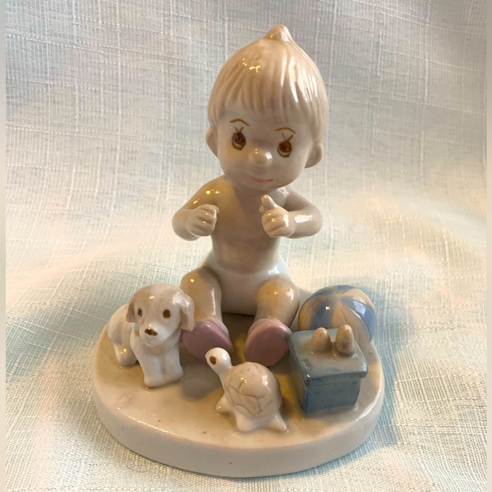Baby Boy Porcelain Figurine Sitting Toys Vintage Handpainted Diaper Blond Brown